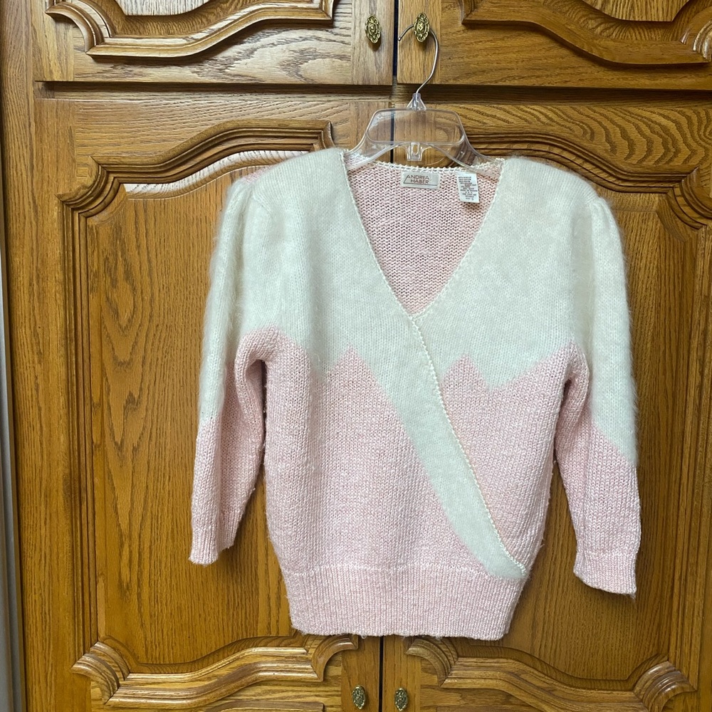 Andrea Haber blush pink with cream Angora rabbit blend knit sweater. Size small.
